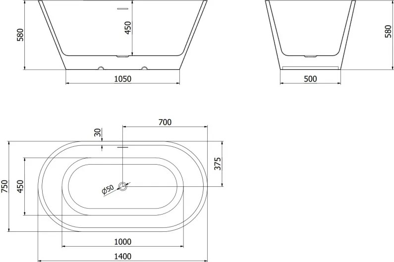 Mexen Luna vasca da bagno indipendente 140 x 75 cm, bianca, troppopieno nero - 52031407500-70