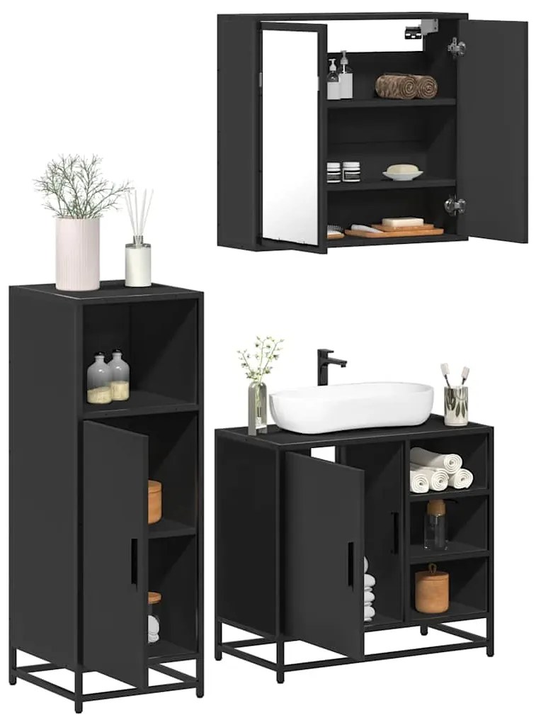 Set Mobili Da Bagno 3 Pz Nero İn Legno Multistrato /