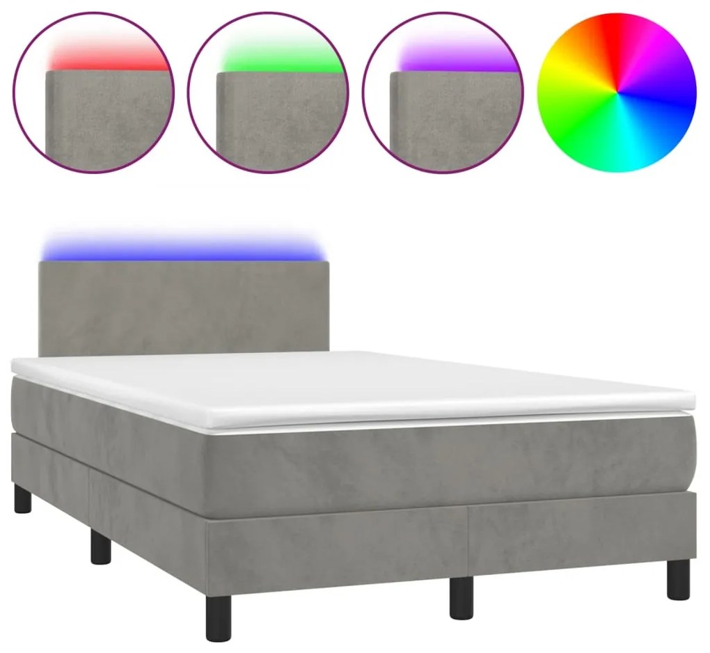 Letto a molle materasso e led grigio chiaro 120x200 cm velluto