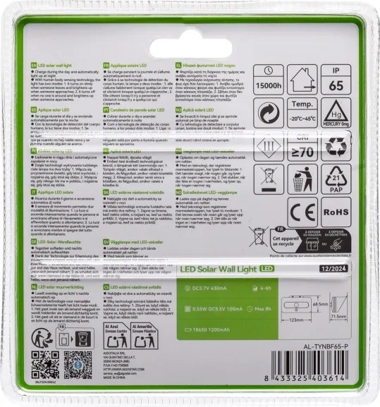 Aigostar - Lampada solare LED con sensore, LED/3,7 V, 6500 K, 500 mAh, IP65, nera
