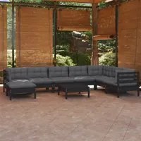 Set Divani da Giardino 9 pz con Cuscini Neri Massello di Pino 3096669