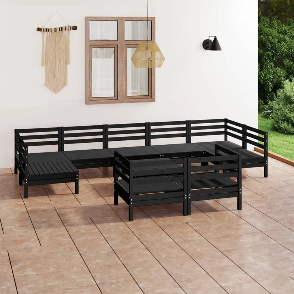 Set salotto da giardino 10 pz nero in legno massello di pino