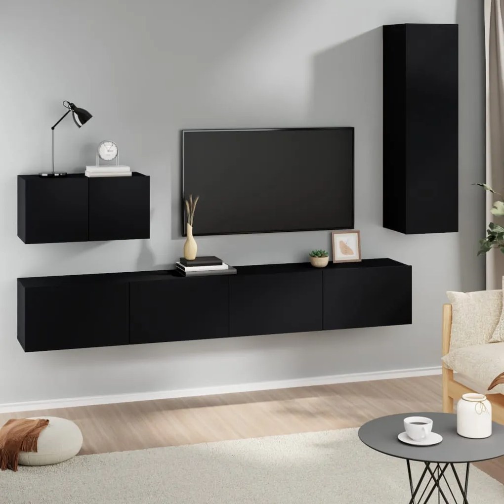 Set Mobili Porta Tv 4 Pz Nero İn Legno Multistrato /