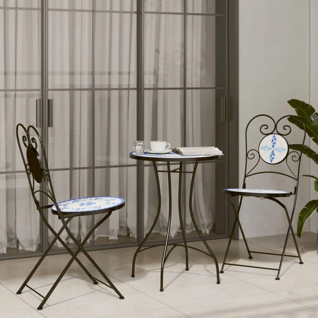 Set Da Bistrot Con Mosaico Blu E Bianco İn Ferro E Ceramica /