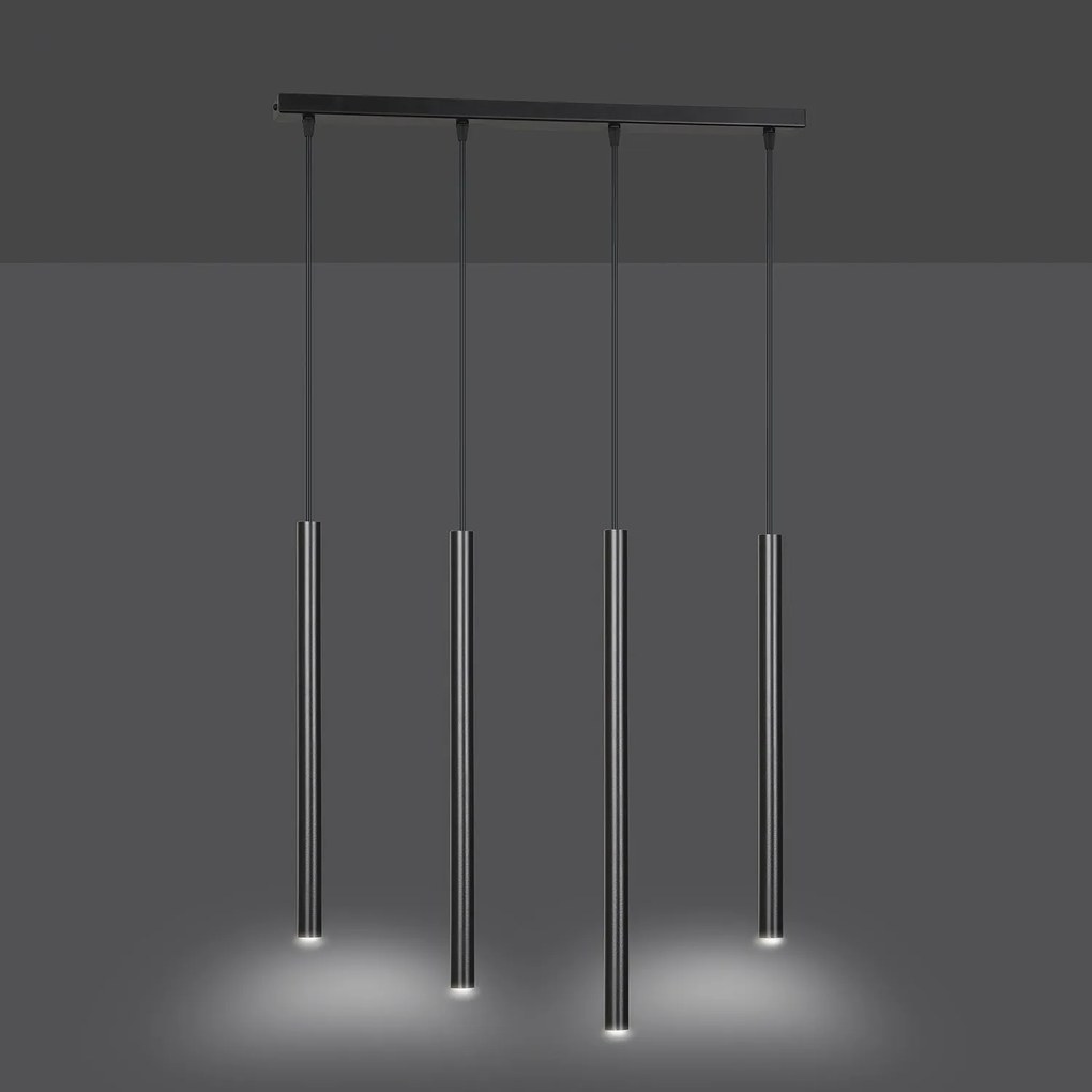 Lampadario 4 Luci Moderno Shu Acciaio Nero E Paralumi A Cilindri Sottili