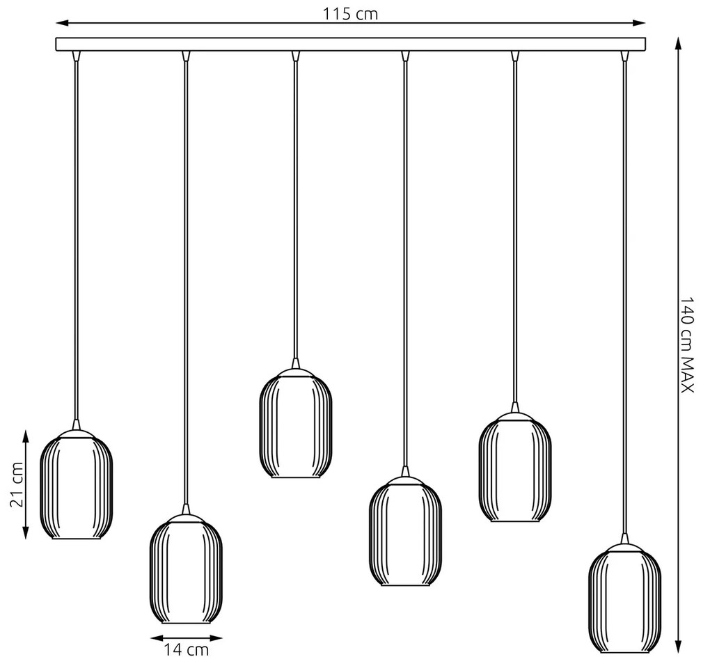 Lampadario 6 Luci Selene In Acciaio Nero E Vetri Plissettati In Bianco E Fumè