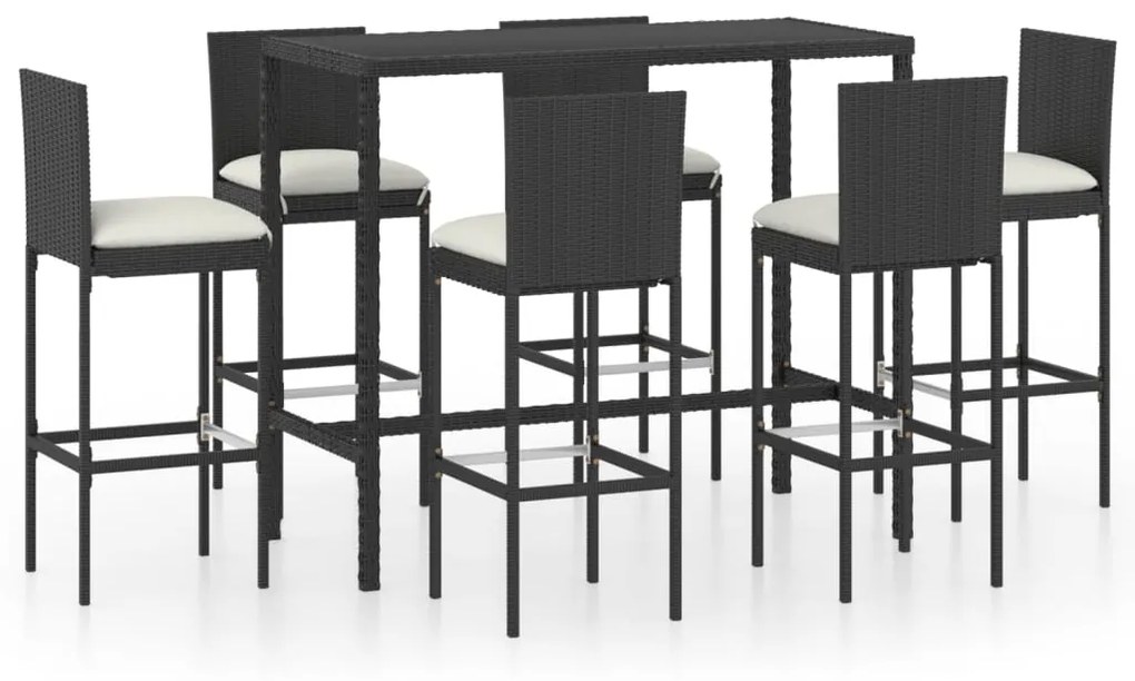 Set bar da giardino 7 pz con cuscini in polyrattan nero