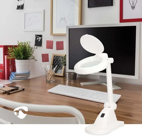 Nedis MAGLE1WT - Lampada da tavolo a LED con lente d'ingrandimento, 6W/230V, bianca