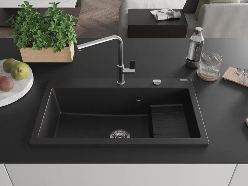 Mexen Omar lavello da cucina in granito 1 vasca 800 x 480 mm, nero, sifone cromato - 6520801005-77