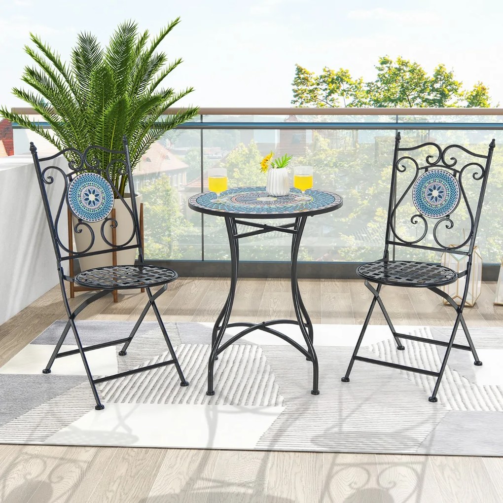 Costway Set Mobili da giardino con mosaico da 3 pezzi, Tavolo rotondo e 2 sedie pieghevoli con struttura in metallo 3 Modelli