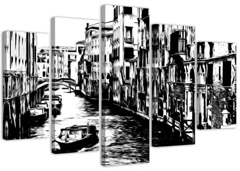 Quadro su tela 5 pannelli Venezia Italia Bianco e Nero  Dimensioni 150x100