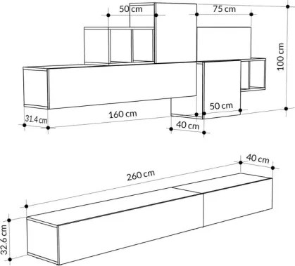 Parete Attrezzata Base TV 260 Cm E Pensili Tromen Bianco Opaco