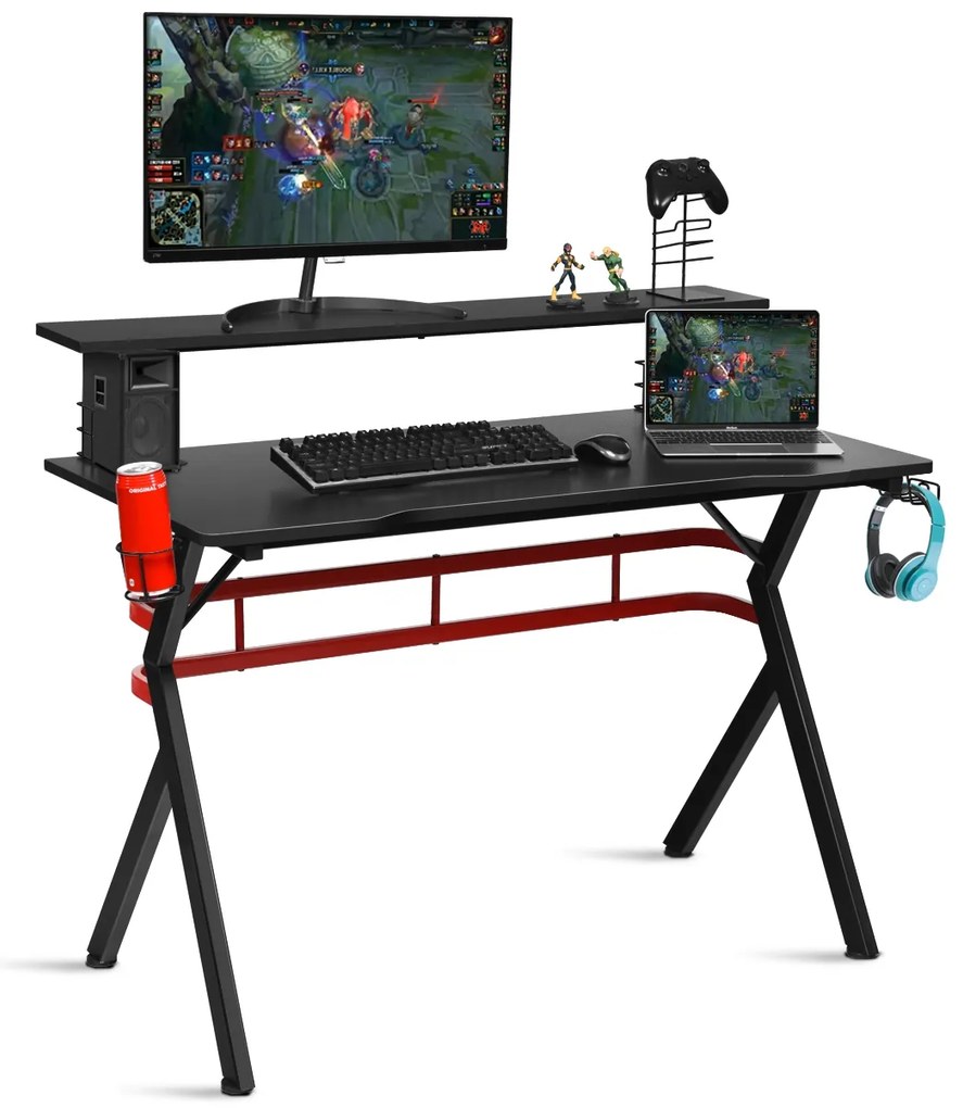 Costway Scrivania da gaming con porta bicchiere gancio per cuffie e mensola, Postazione da gaming professionale per casa e ufficio