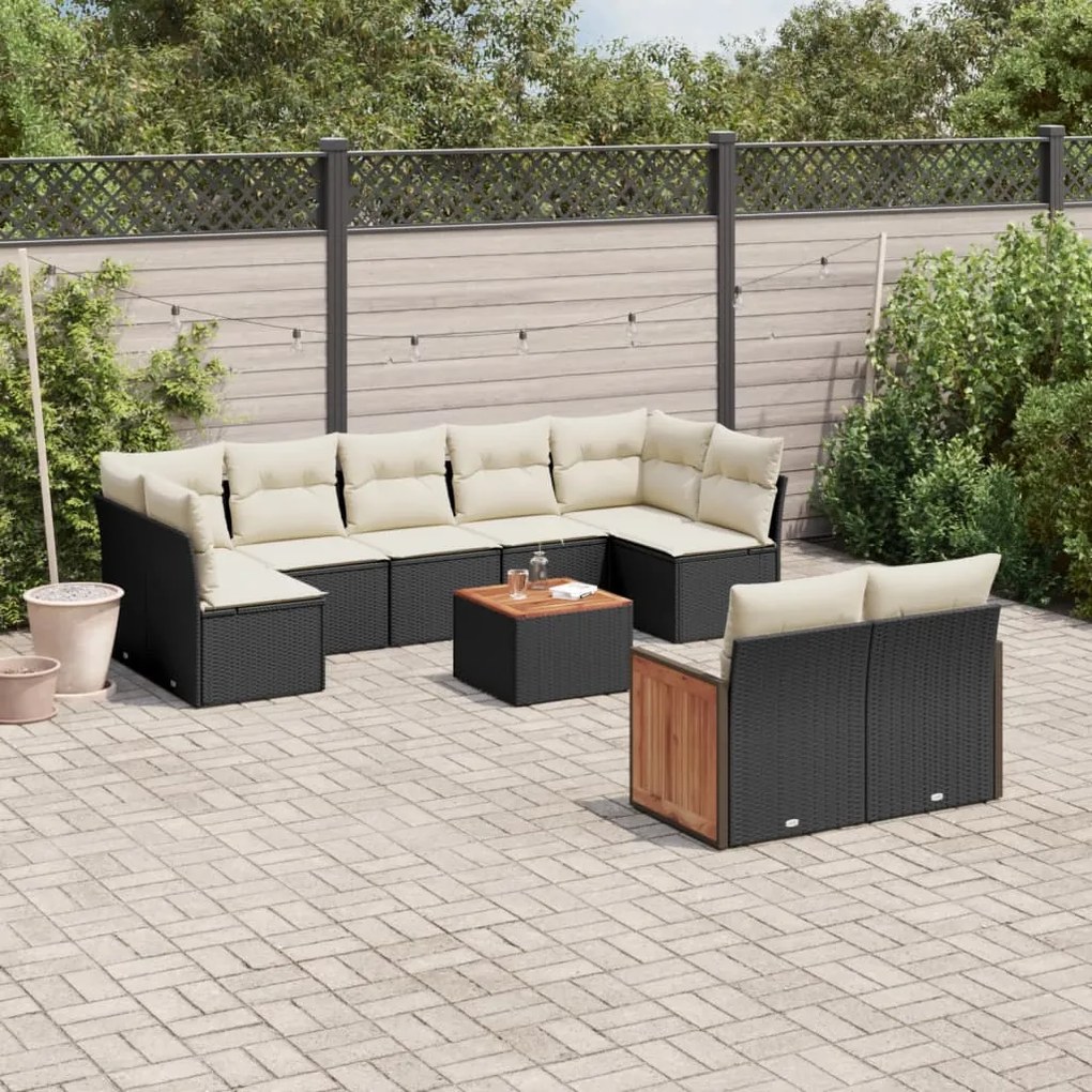 Set divani da giardino 10pz con cuscini in polyrattan nero