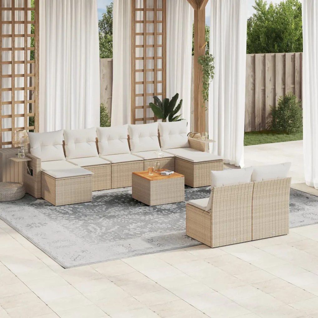 Set divano da giardino 10 pz con cuscini beige in polyrattan