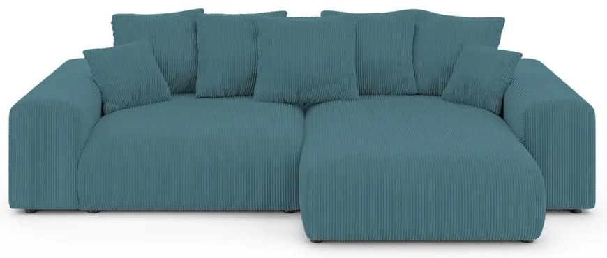 Divano angolare turchese allungabile/con contenitore con rivestimento in velluto a coste Luma – Ropez
