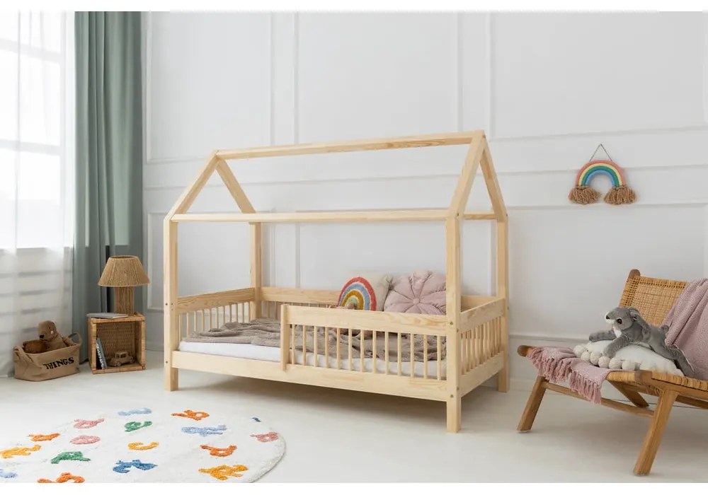 Letto da bambini a forma di casa/estraibile di colore naturale in pino massiccio con contenitore con rete inclusa 80x200 cm MBW – Adeko
