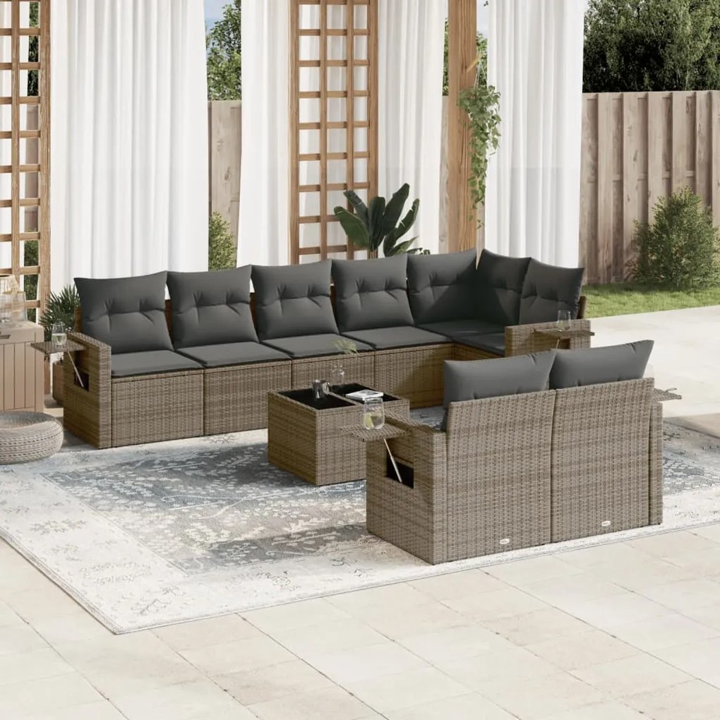 Set divano da giardino 9 pz con cuscini grigio in polyrattan