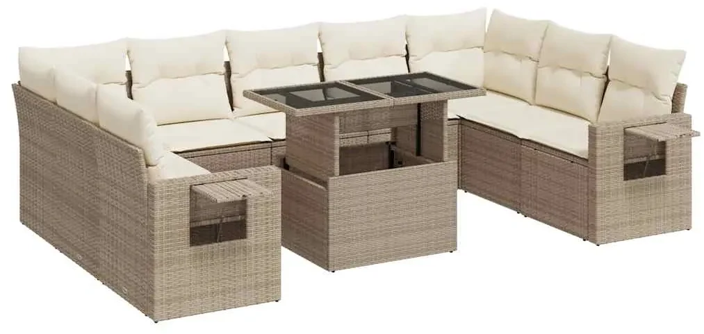 Set divano da giardino 10 pz con cuscini beige in polyrattan