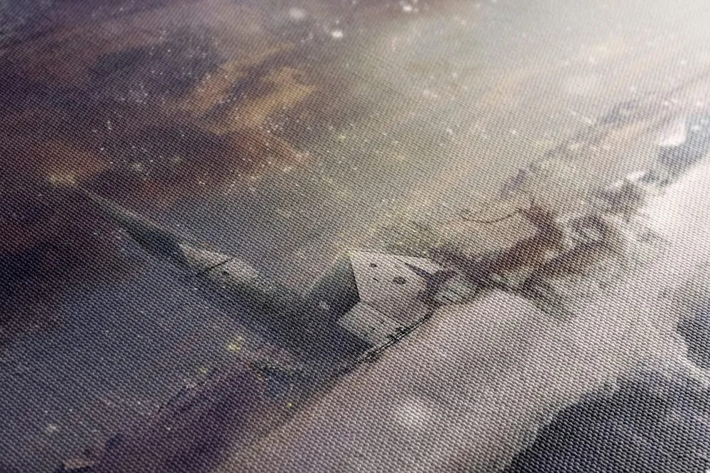 Quadro su tela – Cervo e caprioli nel villaggio innevato