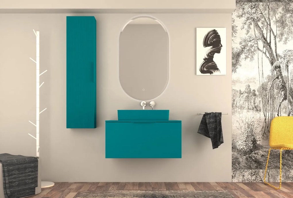 Mobile da bagno sospeso sotto lavabo L 90 x H 43 x P 44 cm blu laccato opaco, 2 cassetti BADEN HAUS Modula