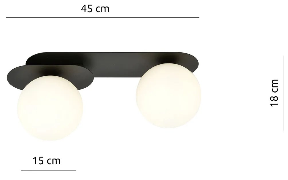 Plafoniera Minimal 2 Luci Teia In Acciaio Nero E Sfere Vetro Opale