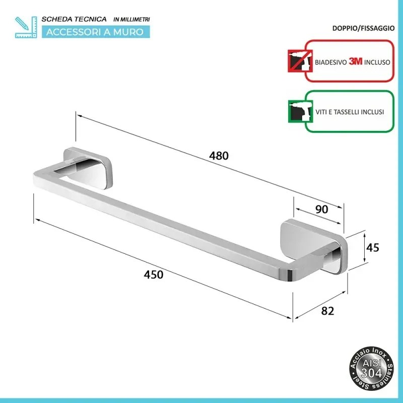Portasciugamani a muro 45 cm in acciaio inox con doppio fissaggio