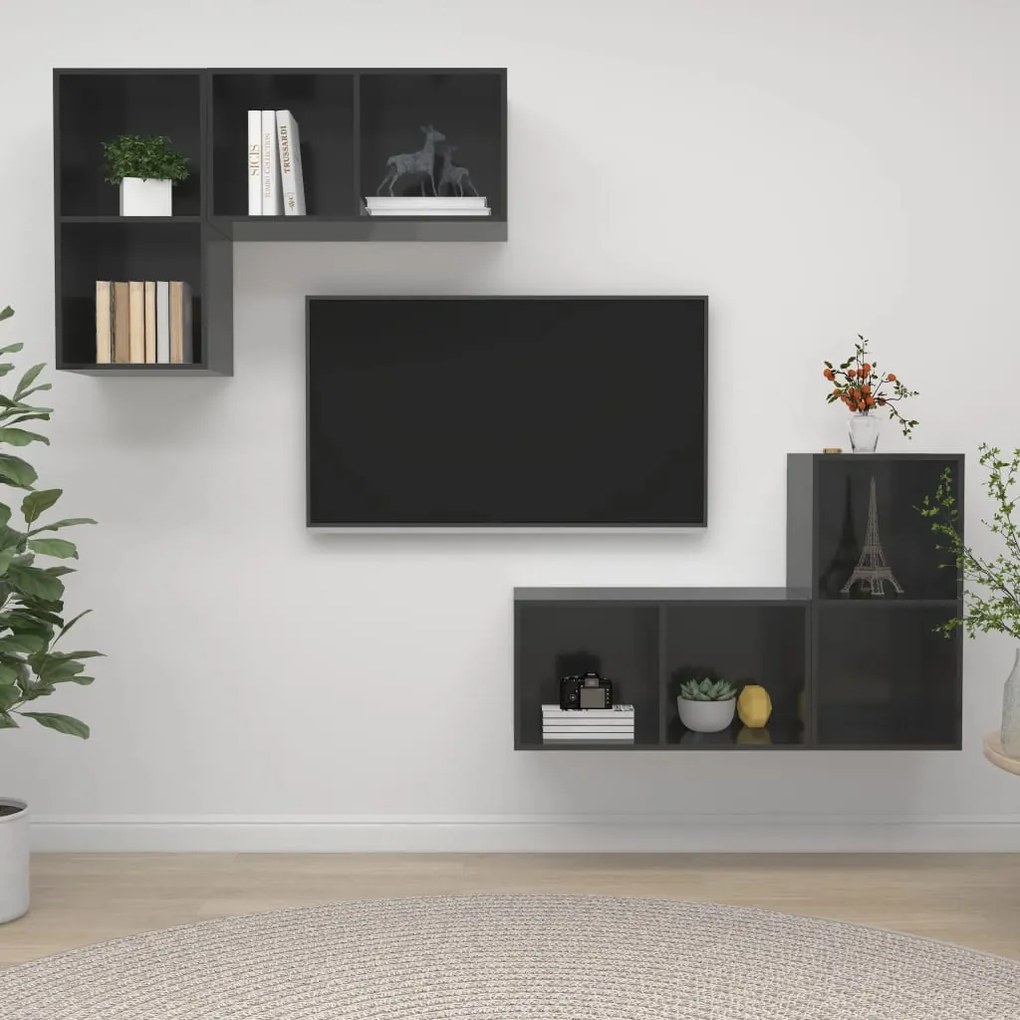 Mobile Tv A Parete 4 Pz Grigio Lucido İn Truciolato /