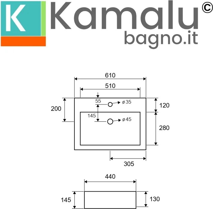 Lavabo da appoggio 61cm rettangolare in ceramica bianca | Litos-260 - KAMALU