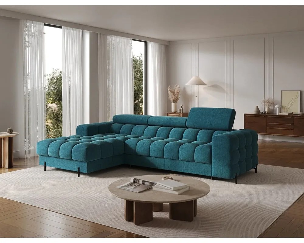 Divano angolare blu allungabile/con contenitore (con penisola a sinistra/con chaise lounge) con rivestimento in bouclé Felro – ELTAP