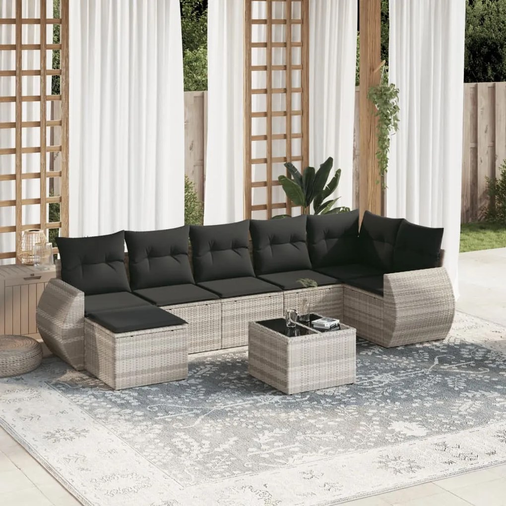 Set divano da giardino 8pz con cuscini grigio chiaro polyrattan