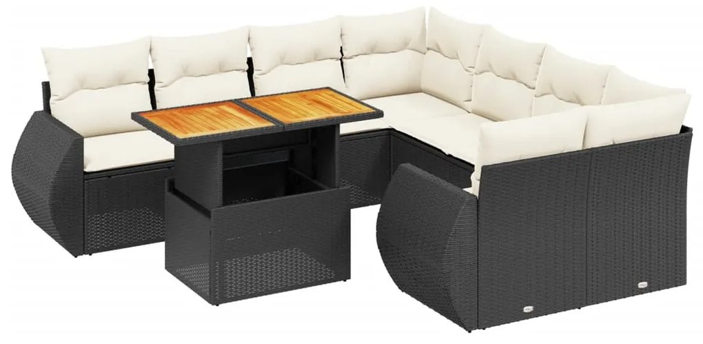 Set Divani da Giardino 9 pz con Cuscini Nero in Polyrattan