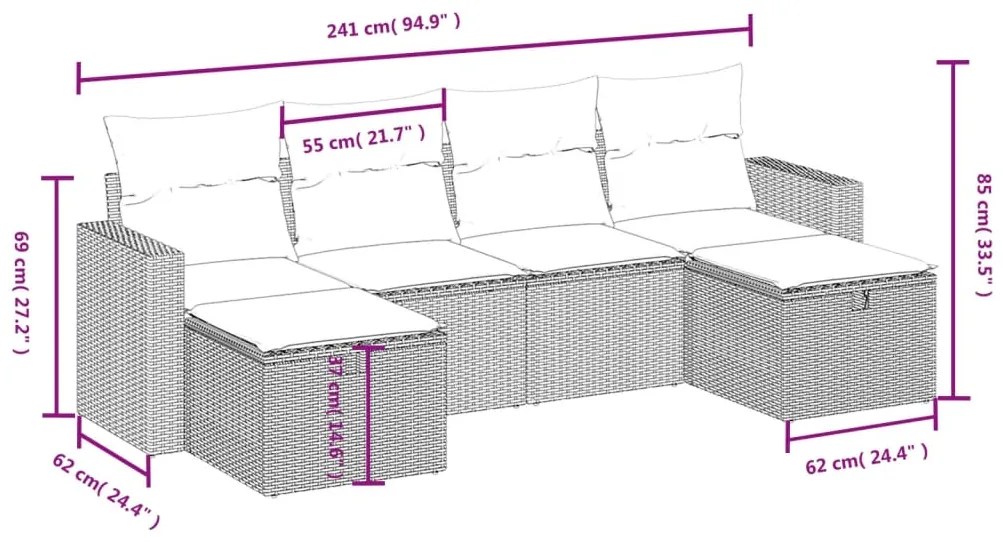 Set divano da giardino 6pz con cuscini grigio chiaro polyrattan