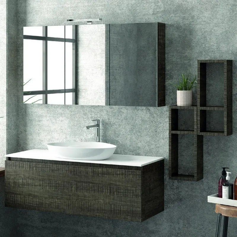 Composizione bagno 120cm sospesa composta da mobile specchio contenitore e 2 pensili - KAMALU