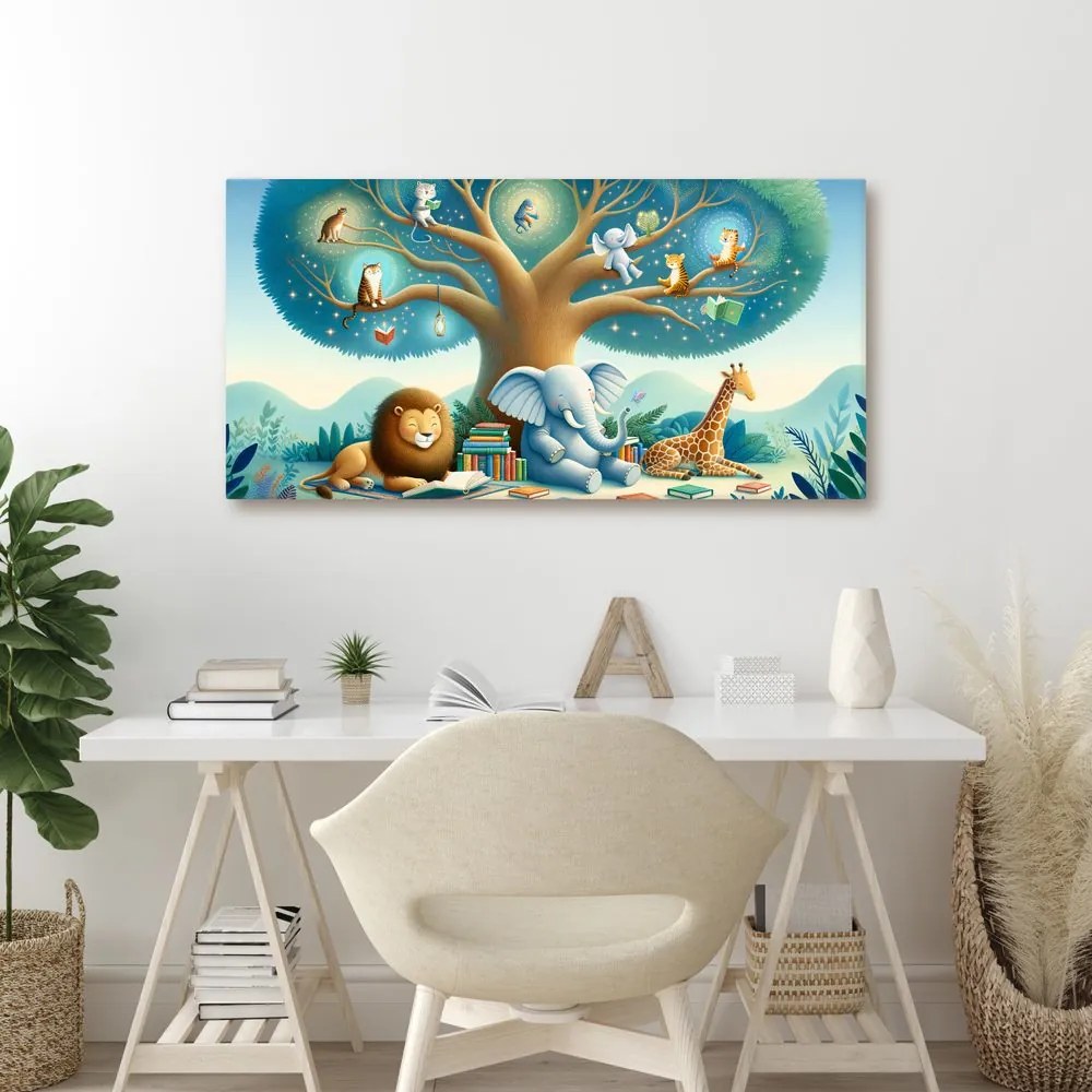 Quadro su tela – Animali sotto l’albero con libro
