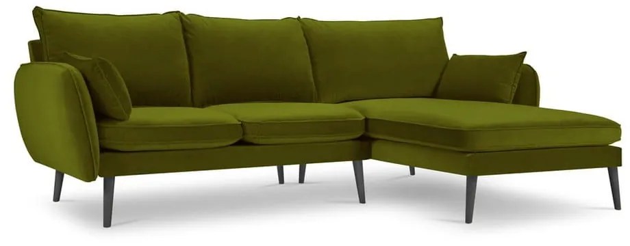 Divano angolare in velluto verde con gambe nere, angolo destro Lento - Kooko Home