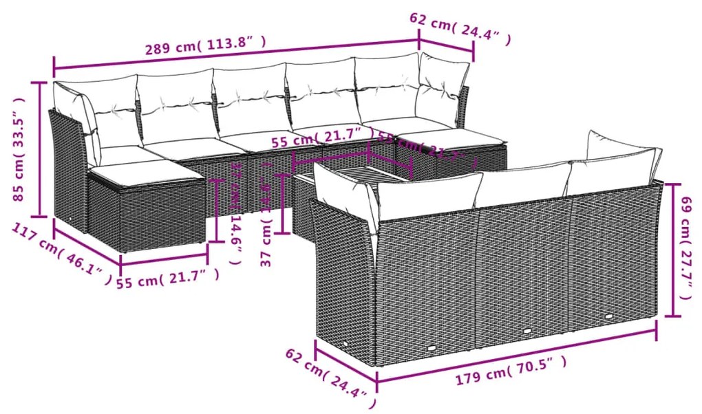 Set divani da giardino 11 pz con cuscini beige in polyrattan