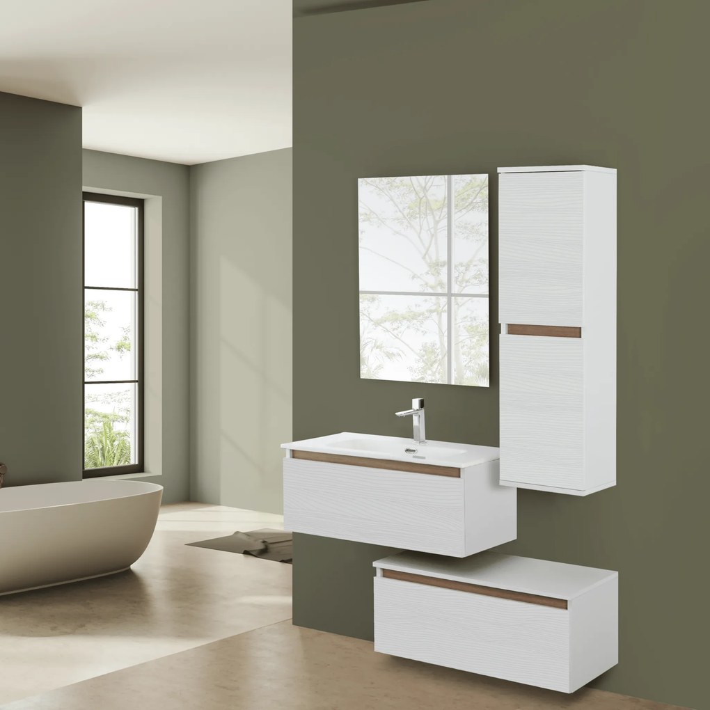 Mobile Bagno Sospeso Sfalsato 80 Cm Due Cassetti Specchio a Filo 80x60 Cm Feridras "Revital" Bianco Frassinato/Rovere