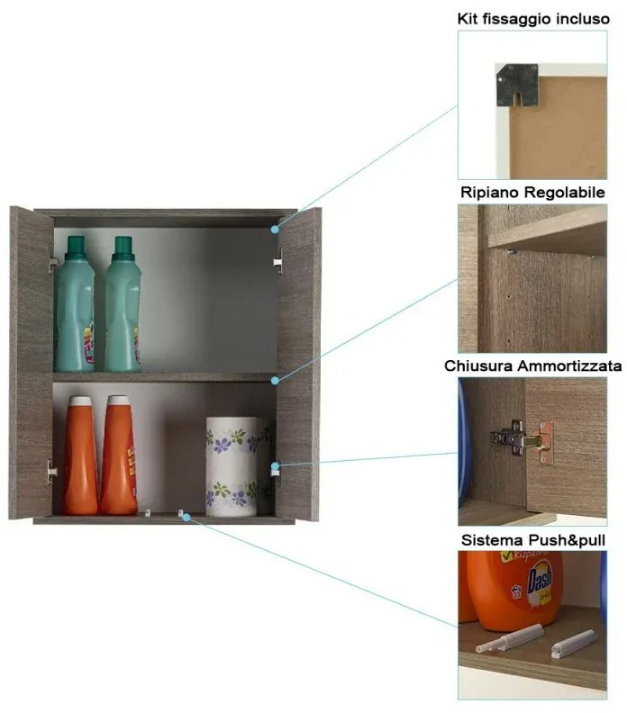 Pensile bagno sospeso 60 cm 2 ante Way rovere scuro con ripiano interno
