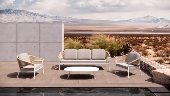 Salotto Da Esterno 5 Posti In Alluminio E Corda Con Tavolino Celia Bianco