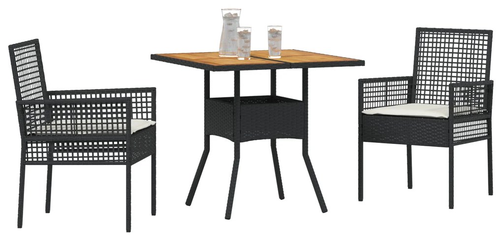 Set da pranzo da giardino 3 pezzi con cuscini nero polyrattan