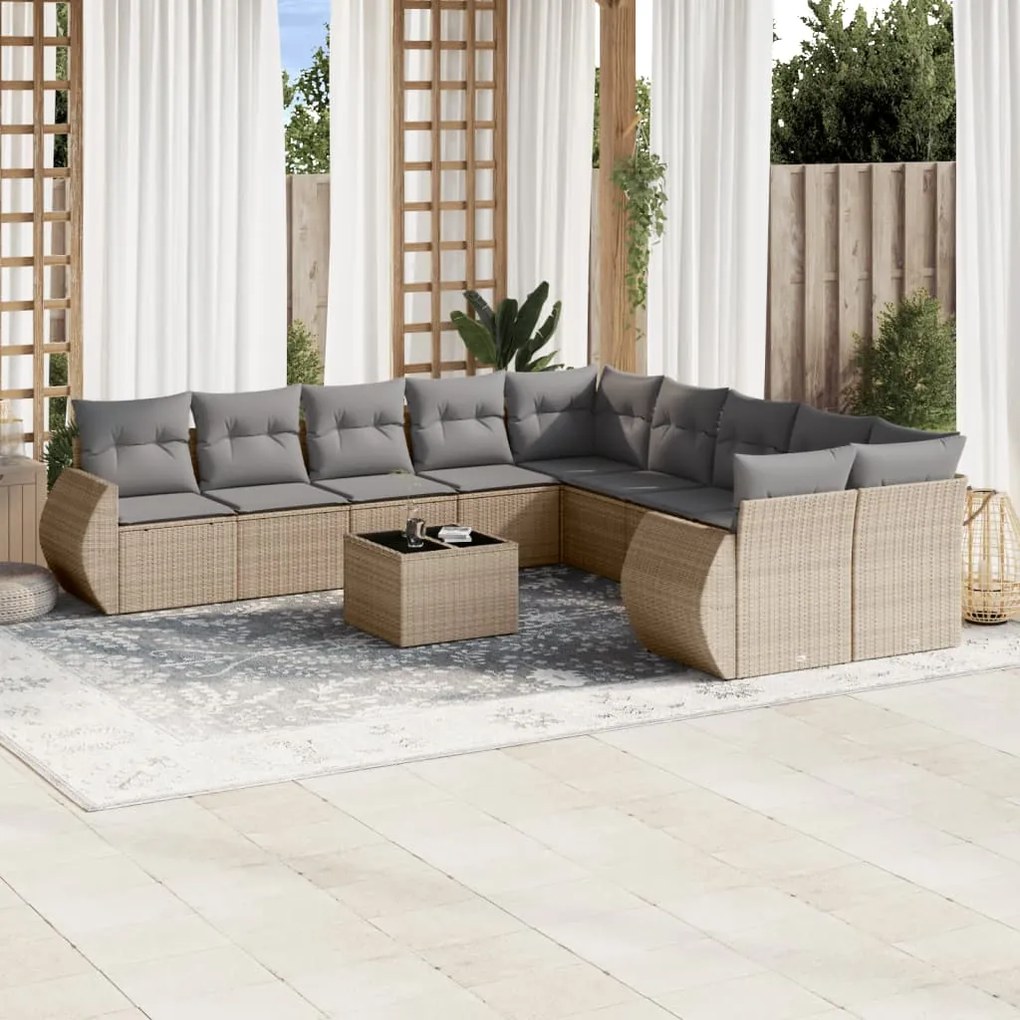 Set divani da giardino 11 pz con cuscini beige in polyrattan