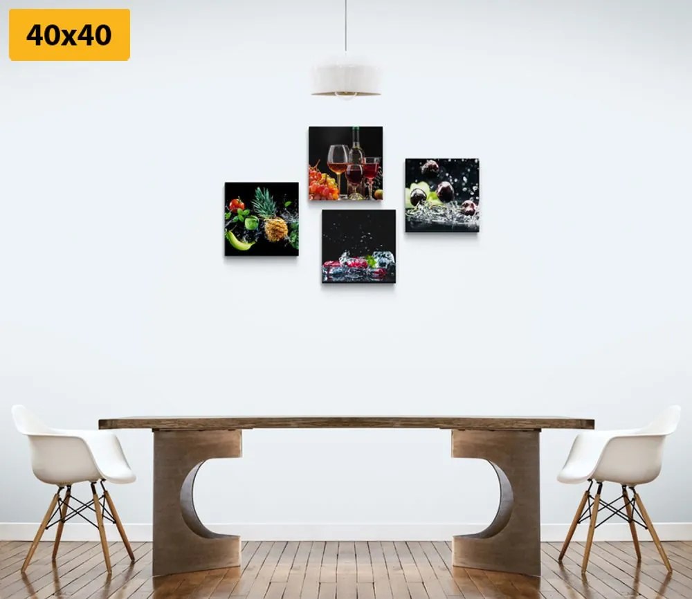 Set di quadri – Vino e pezzi di frutta su sfondo nero