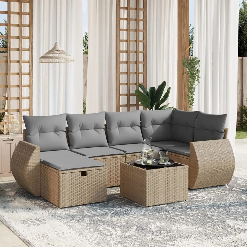 Set divano da giardino 7 pz con cuscini beige misto polyrattan