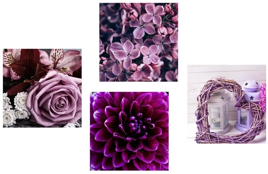 Set di quadri – Fiori viola con cuoricino