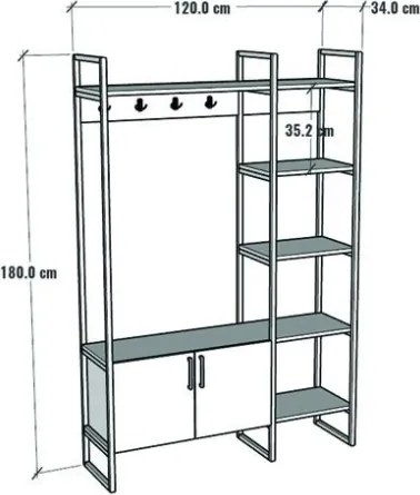 Mobile Ingresso Industrial 120x34x180 Con Scarpiera Appendiabiti E Ripiani Yago Rovere E Bianco