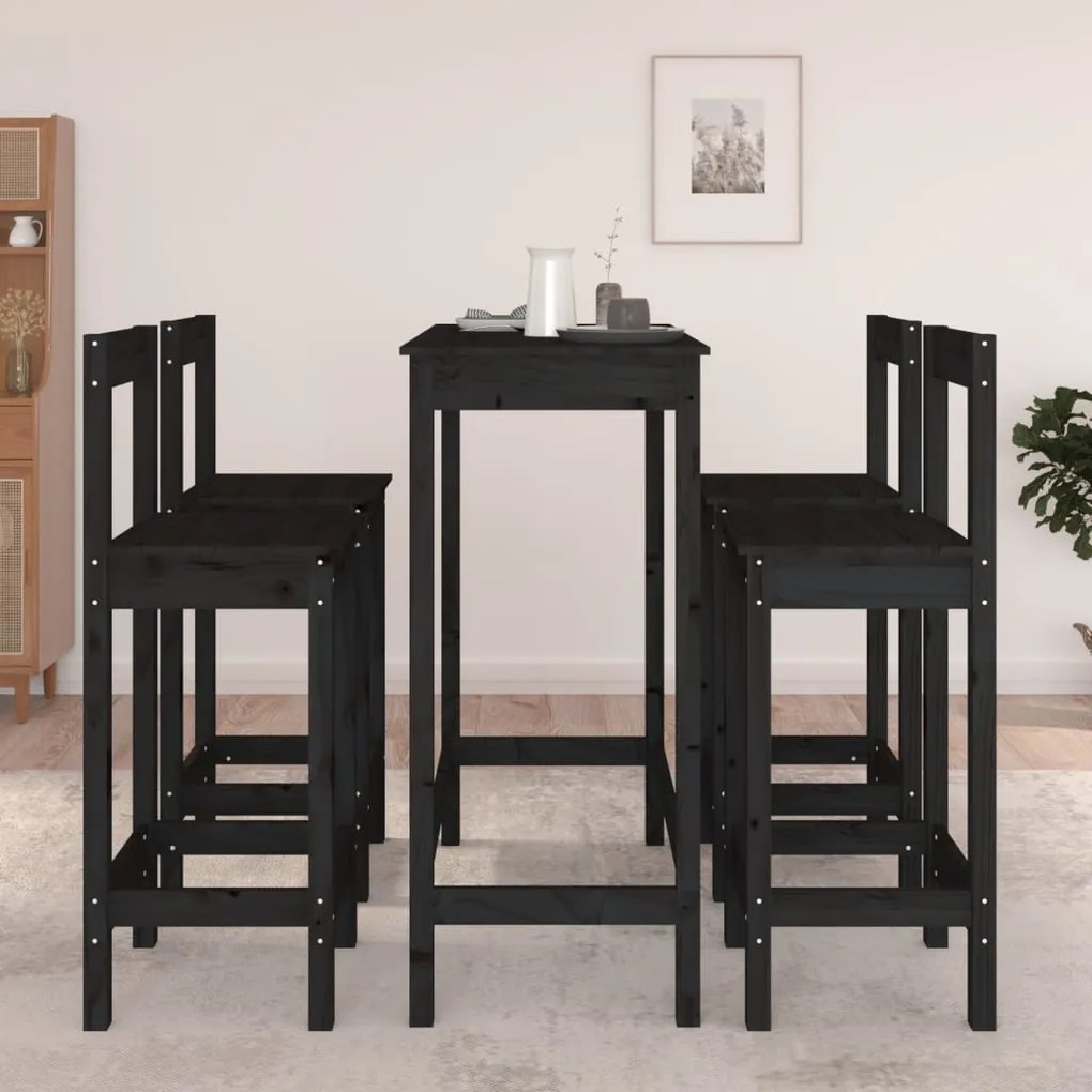 Set da Bar 5 pz Nero in Legno Massello di Pino