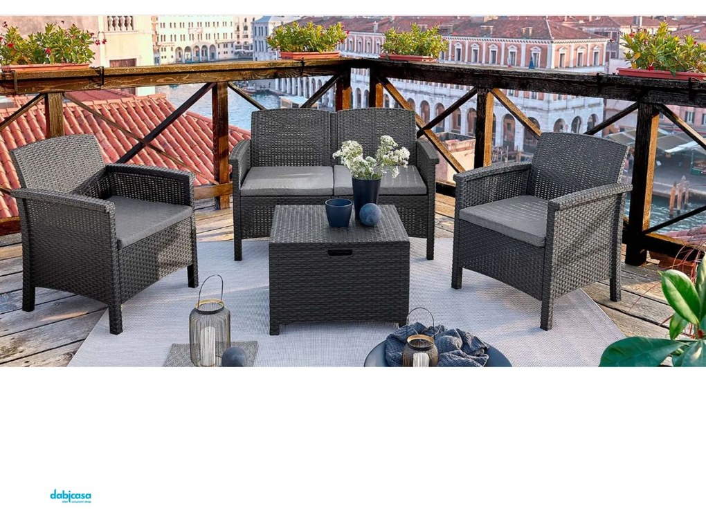 Set Salotto Per Giardino "Venezia" 4 Pezzi In Resina Antiurto Effetto Polirattan