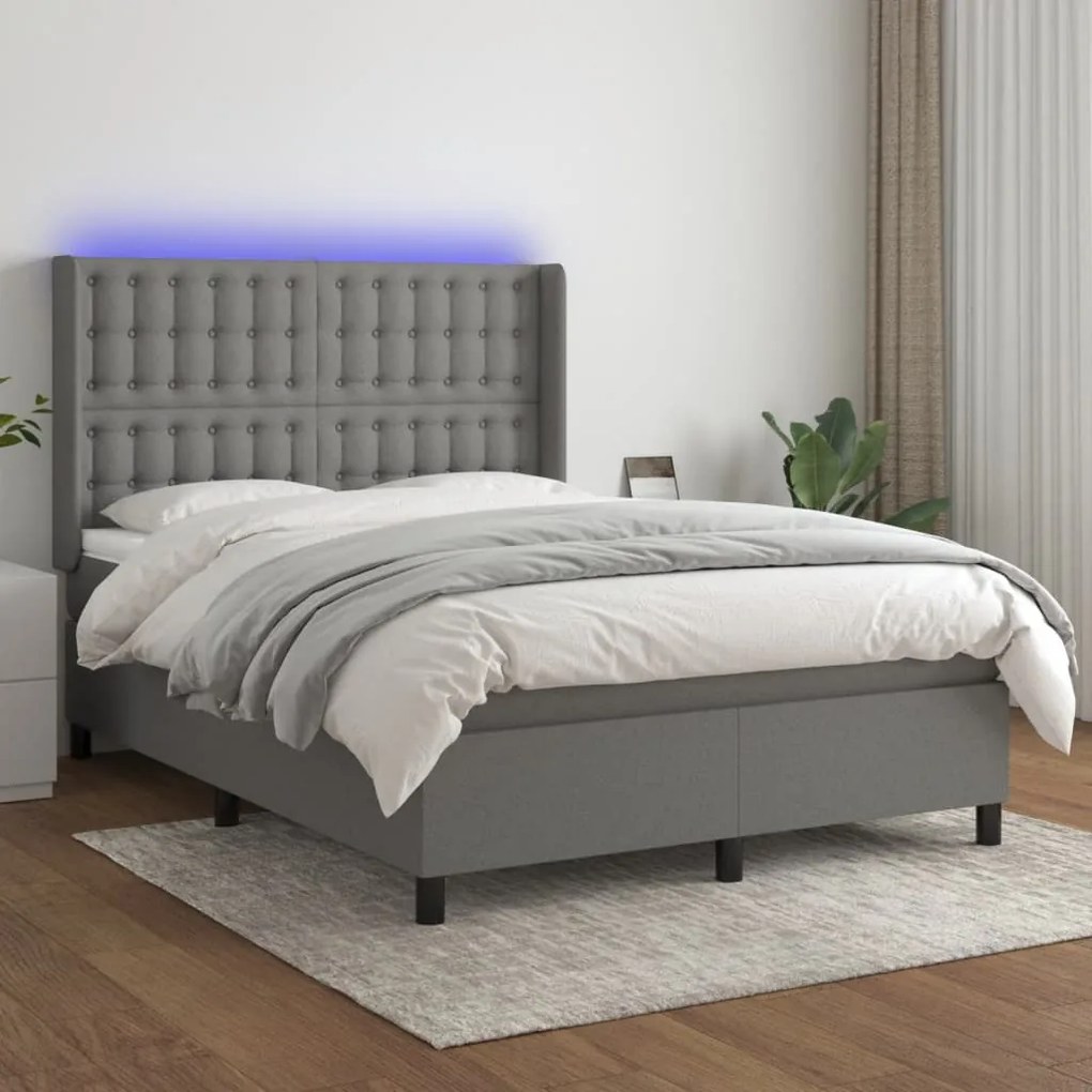 Letto a molle materasso e led grigio scuro 140x200cm in tessuto