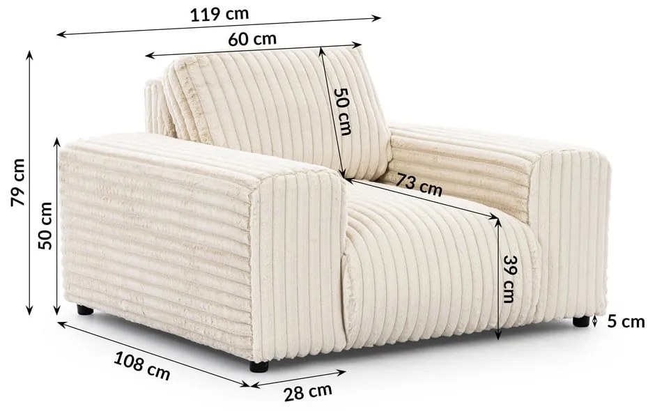 Poltrona color crema con rivestimento in velluto a coste Justin – Ropez